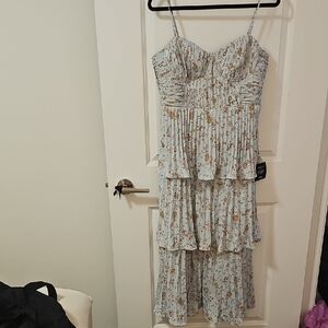 Lulu's Light Blue Floral Strapless Tiered Maxi Dress with Brown Accents